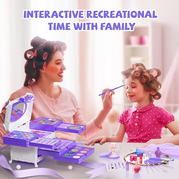 Kids Makeup Sets for Girls, 66pcs Real Cosmetic for Kids Toys with Mirror, Princess Washable Girls Makeup Kit, Non-Toxic & Safe Brithday Gifts for 3 4 5 6 7 8 10 - 12 Years Old（Purple White）