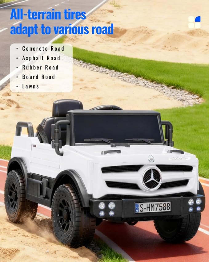 12V Ride on Car for Kids, Licensed Mercedes-Benz Unimog w/Parent Remote Control, LED Headlights, Music Player & Horn for 3-5 Years Toddler, White