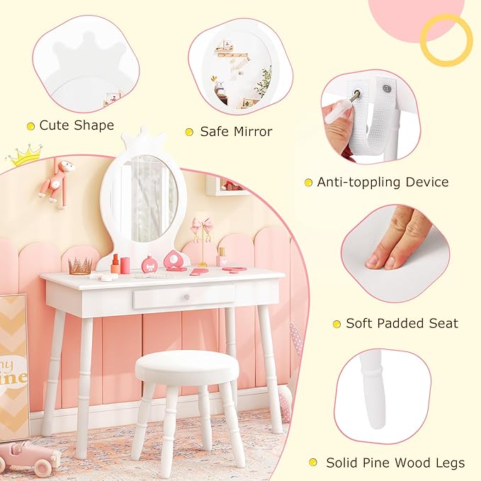 HONEY JOY Kids Vanity, Crown Shape Princess Makeup Dressing Table and Chair Set w/Drawer, Cushioned Toddler Vanity Stool, Real Glass Mirror, Wooden Little Girls Vanity Set with Mirror and Stool(White)