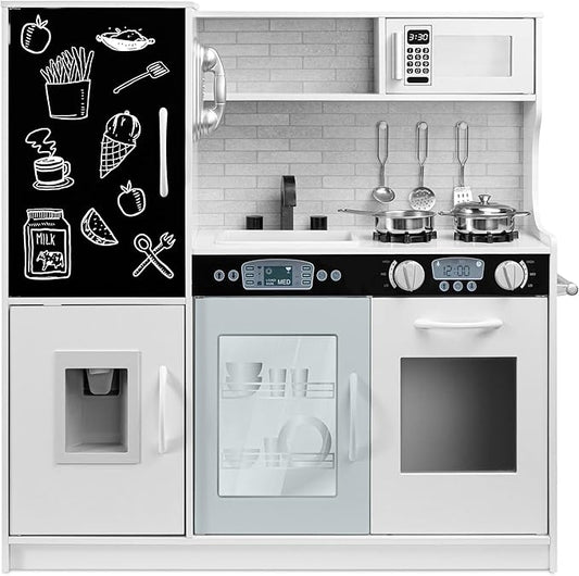 Best Choice Products Pretend Play Kitchen Wooden Toy Set for Kids w/Realistic Design, Telephone, Utensils, Oven, Microwave, Sink - White