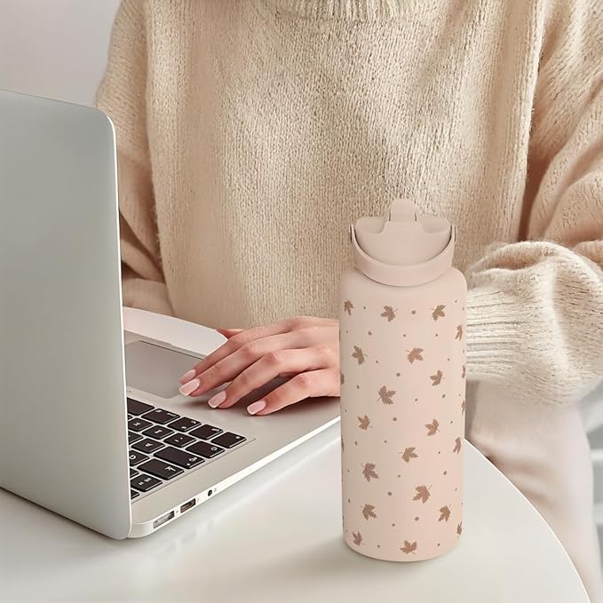 Maple Leaf Water Bottle 32oz Stainless Steel with Lid & Straw, Fall Insulated Bottles Gift for Women Girls, Autumn Gifts