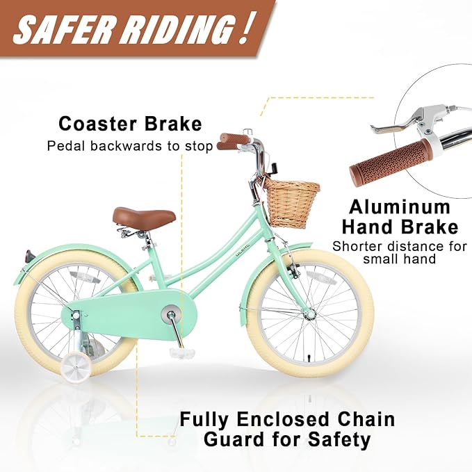 Glerc Little Molly 12-20 Inch Kids Retro Cruiser Bike for 2-13 Year Old with Wicker Basket & Training Wheels/Kickstand, Multiple Colors