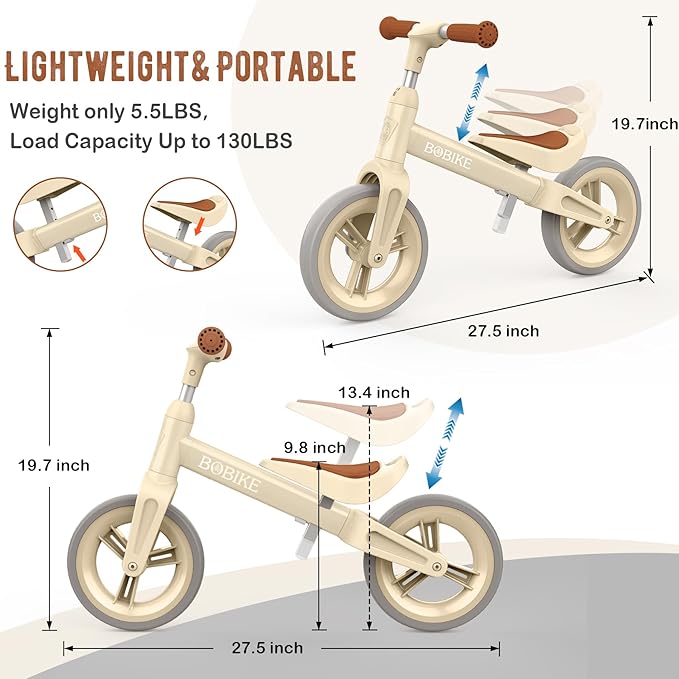 Bobike Toddler Balance Bike Toys for 1 to 4 Year Old Girls Boys Adjustable Seat and Handlebar No-Pedal Training Bike Best Gifts for Kids