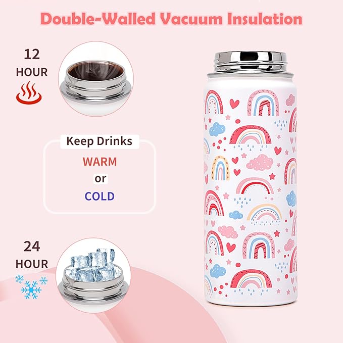 18oz Kids Insulated Water Bottle with Straw Lid - 18/8 Stainless Steel Kid Cup BPA-FREE Travel Tumbler Double Wall Vacuum Leak Proof Portable Toddler Water Bottle(Rainbow)