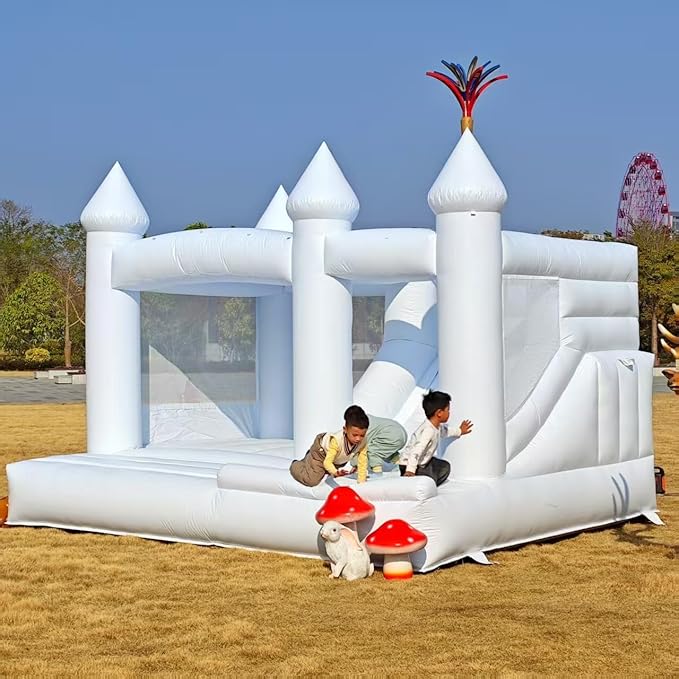 13 FT 100% PVC White Inflatable Bounce House with Large Slide Bouncy Castle for Kids Aged 3-12 Jump House Inflatable Bounce Wedding Party Decoration Best Gift for Kid(Includ Blower)