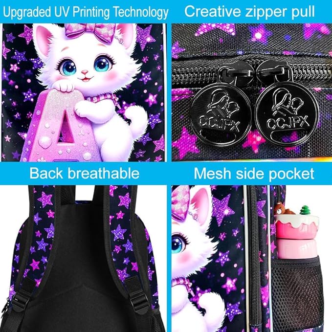 CCJPX 16" Cat Backpack for School, 3Pcs Girls Kids Bookbag with Lunch Box, Water Resistant Elementary School Bag for Kindergarten Preschool Toddler (Black)