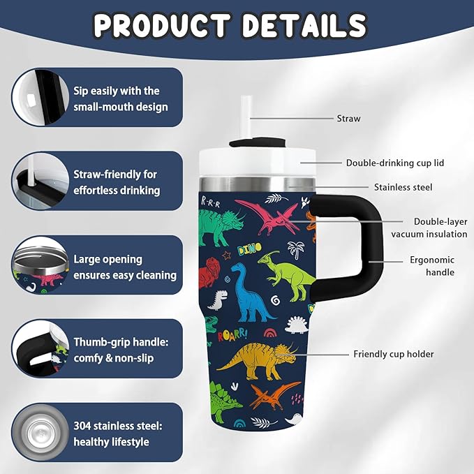 Dinosaur Tumbler Gifts, 14oz Dinosaur Themed Tumbler with Handle and Straw, Stainless Steel Double Wall Vacuum Insulated Cup Keep Hot Cold - 14oz Travel Mug with Lid Tumblers for Home Work Outdoor Use