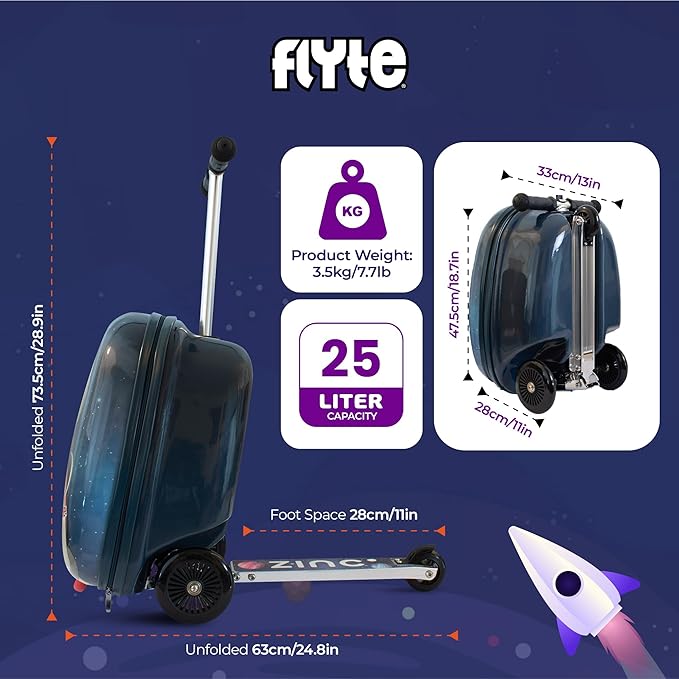 Flyte Sammie the Spaceman Scooter Suitcase - Rideable, Carry on Compliant 2-in-1 Children's Suitcases, 18 inch Ride on Suitcase for Kids, 25 Litre Capacity Kids' Luggage on Wheels for Children Aged 4+