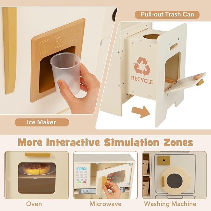 Costzon Corner Kitchen Playset, Kitchen Toy Set w/Real Lights & Sounds, Large Fridge, Ice Maker, Oven, Microwave, Washer, Trash Can & 22 Accessories, Wooden Pretend Play Kitchen for Kids 3+ (Beige)