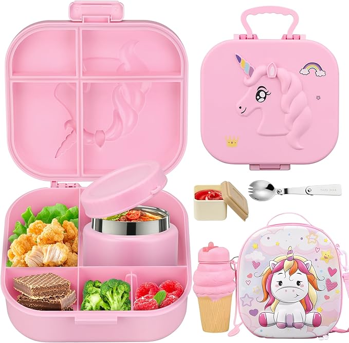 Kids Bento Lunch Box with 12oz Soup Thermo, Kids Leakproof Lunch Food Containers with 4 Compartment,Insulated Hot Food Jar with Lunch Bag for School, Travel (Pink+Pink Jar)