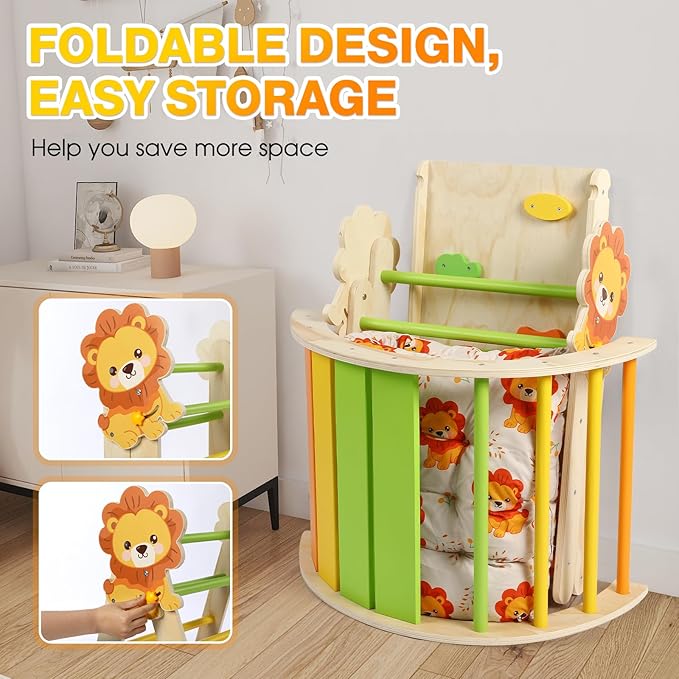 Pikler Triangle Set with Cushion, 7 in 1 Toddler Climbing Toys Indoor, Montessori Foldable Climbing Set, Wooden Climbing Toys for Toddlers Inside with Ramp, Arch and Ladder (Lion)