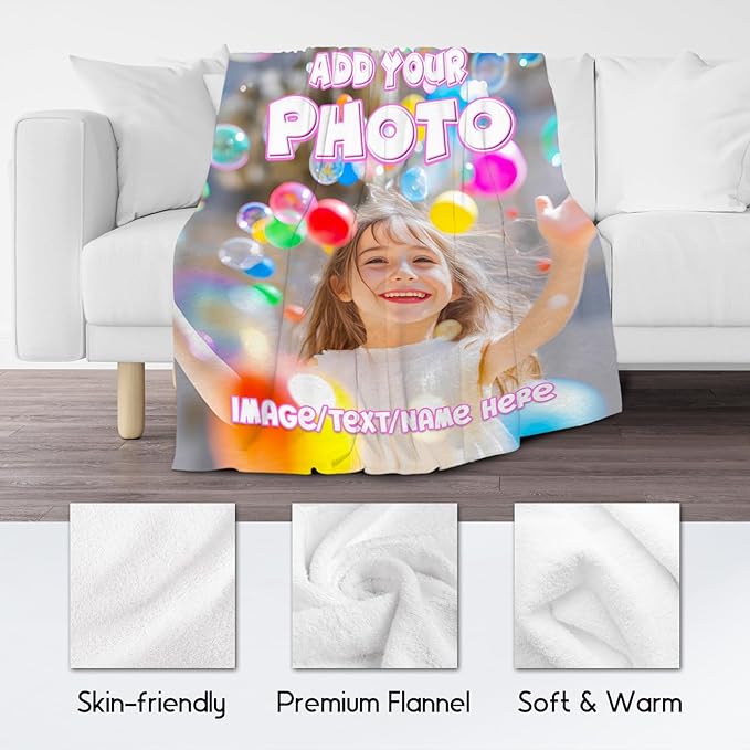 Personalized Throw Blankets, Custom Picture Blankets for Girls Kids, Customized Photo Blanket with Text Name, 30"x40" Soft Flannel Throw for Toddlers Child Daughter