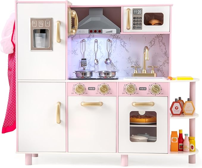 HONEY JOY Kids Kitchen Playset, Wooden Toy Kitchen Set with Lights & Sounds, Microwave, Ice Maker, Telephone, Range Hood, Cookware, Interactive Little Chef Pretend Play Kitchen for Toddlers (Pink)