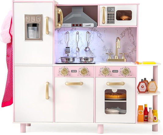 HONEY JOY Kids Kitchen Playset, Wooden Toy Kitchen Set with Lights & Sounds, Microwave, Ice Maker, Telephone, Range Hood, Cookware, Interactive Little Chef Pretend Play Kitchen for Toddlers (Pink)