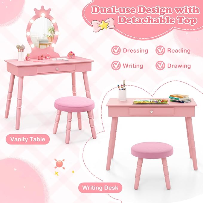 HONEY JOY Kids Vanity with Lights, Princess Wooden Makeup Table & Stool with Drawer, 3-Color LED Lights, Toddler Dressing Vanity for Little Girls, Pretend Play Kids Vanity Table and Chair Set (Pink)