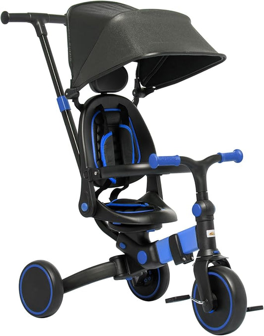 Qaba 3-in-1 Toddler Trike, Push Tricycle, & Balance Bike with Adjustable Settings, Toddler Push Bike, Baby Bike with Shady Canopy, Ages 1.5-4, Blue