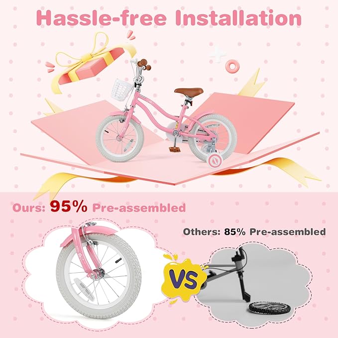 BABY JOY Kids Bike, 12 14 16 18 20 Inch Boys Girls Bike w/Adjustable Seat, Removable Basket, Handbrake & Coaster Brake, Training Wheels or Kickstand, Kids Bicycle with Multi-Color