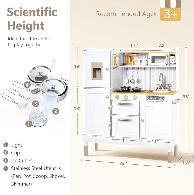 Kinder King Wooden Kids Play Kitchen, Kitchen Playset for Toddler Kid, Play Kitchen Toy Set w/Real Sounds, Pretend Microwave Oven, Ice Maker, Telephone, Gift for Boys Girls Age 3+, White