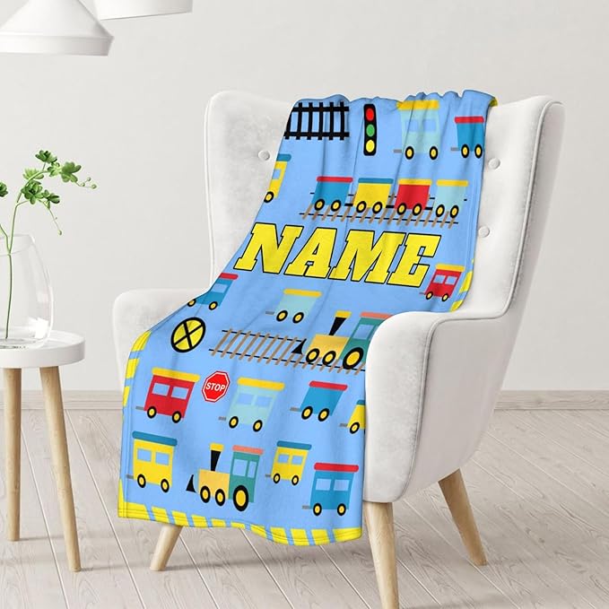 Personalized Train Blanket Gifts for Kids - Soft Plush Train Blankets - 30"x40" Inches for Chair - Light Blue Cartoon Throws