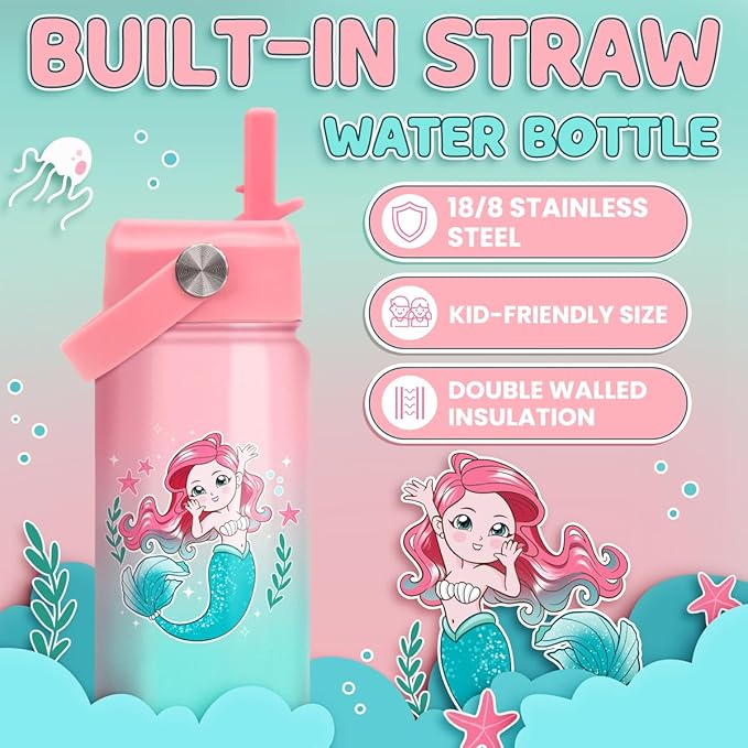 Mermaid Water Bottle for Girls - Kids Water Bottle with Straw Lid - 12 Oz Insulated Stainless Steel Water Bottles - Travel Cup for School Sports