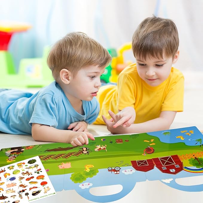ASTARON Reusable Sticker Book for Toddlers, 88 Pcs Farm Harvest Stickers Road Trip Activities Car Airplane Activities Travel Toys for Kids, Kids Quiet Time Activities (2-6 Age)