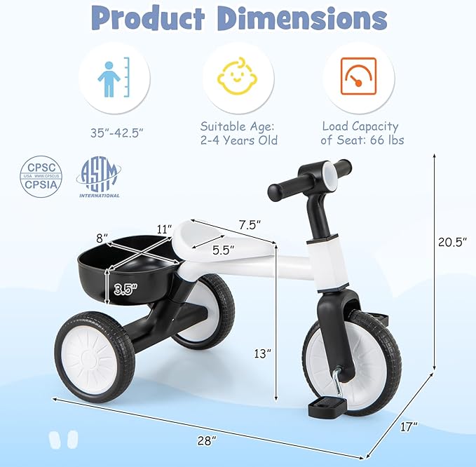 BABY JOY Toddler Tricycle, 2-in-1 Kids Tricycle Auxiliary Balance Bike with Carbon Steel Frame, Detachable Pedals & Removable Storage Basket, Toddler Trikes for 2-4 Year Old Baby Boy Girl