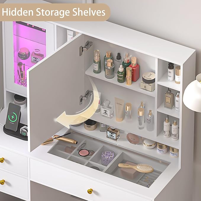 Makeup Vanity Desk with Mirror and Lights, White Vanity with Glass Top, Jewelry Storage, Power Outlets, 3 Drawers & 2 Cabinets, Adjustable LED Lighting, Dressing Table for Women & Girls Bedroom