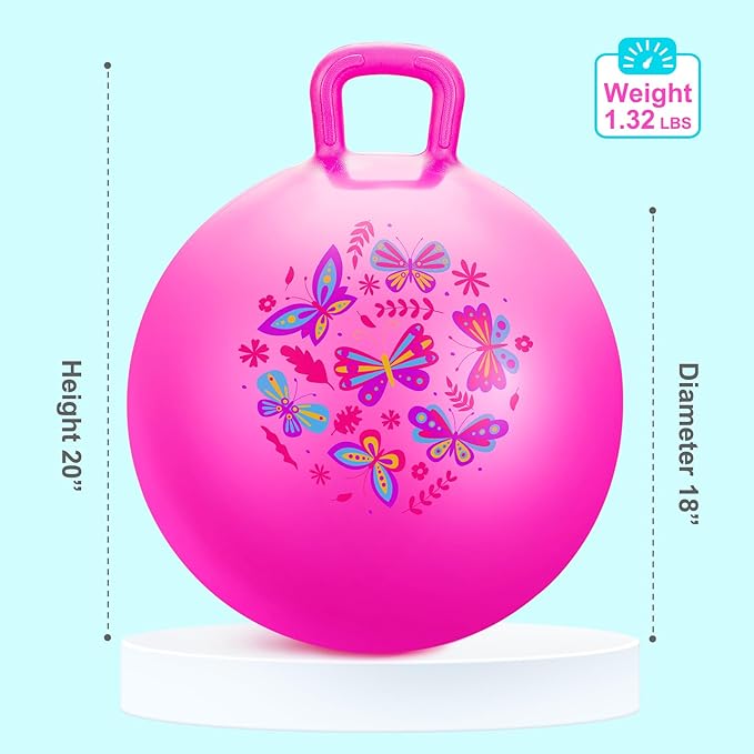 PlayZap Hopper Ball for Kids 3-8,18 Inch Pink Bouncy Ball with Handle, Inflatable Hippity Hop Bounce Hopping Toys Indoor Outdoor for Boys Girls Gifts, Butterfly