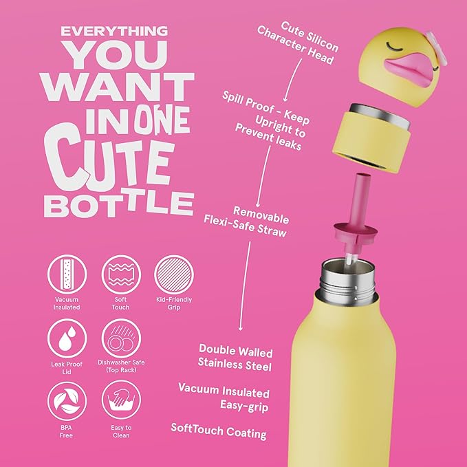 asobu Bestie Bottle Insulated Stainless Steel Water Bottle with Detachable Soft Animal Head Fun Drinking For Kids and Teens with Flexible Reusable Straw 16 Ounce (Duck)