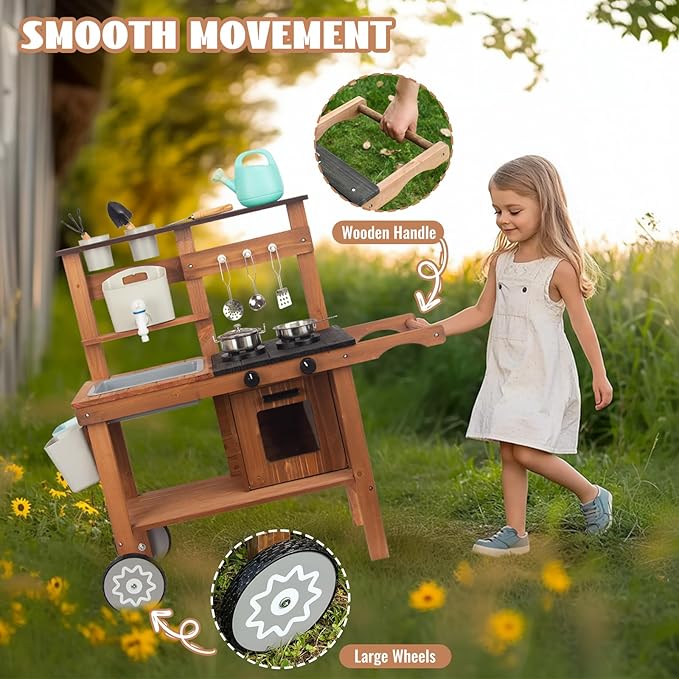 Outdoor Kitchen for Kids,Mud Kitchen Wooden Toy Playset with Wheels, Kettle, Sink, Wooden Plant Container and Kitchen Accessories, for Children Ages 3+ Years