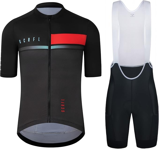 Men's Cycling Jersey Set Cycling Kit Bicycle Jersey Rear Zipper Pocket Bike Bib Shorts with Pockets Race Fit High Density Pad