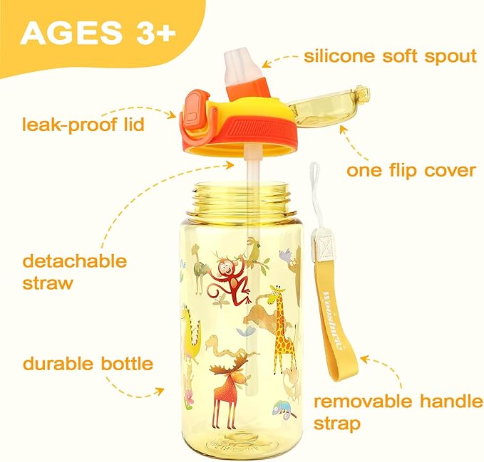 Kids Water Bottle for School or Travel, 20 Oz 2 Pack Durable Plastic Water Bottle with Silicone Straw and Pop-Up Spout Cover, BPA Free & Dishwasher Safe(Forest Animals & Unicorn)