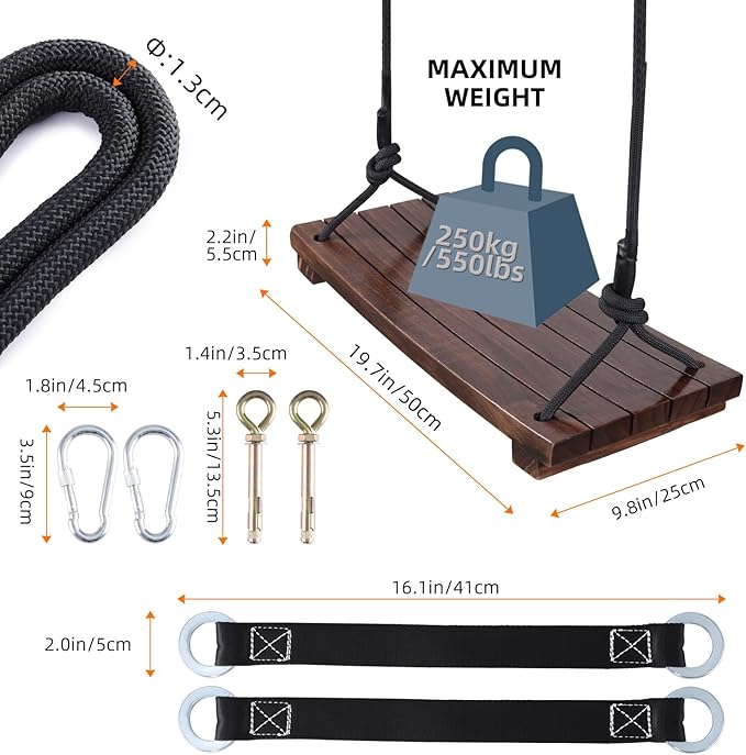 PELLOR Wood Swing Seat, Carbonized Hanging Wood Tree Swing 19.7 x9.8 x1.0 inch for Adult Kids Children Anticorrosive & 100% Waterproof Wooden Swing Set 550 lbs Load Indoor Outdoor Backyard Play