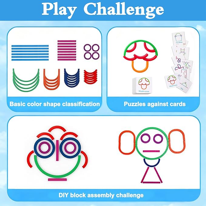 Wooden Pattern Blocks Shape Puzzles Sticks & Rings Wooden Puzzle Stem Preschool Brain Teaser Montessori Toys Gift for 3+ Years Old Activity Kids Boy Girl