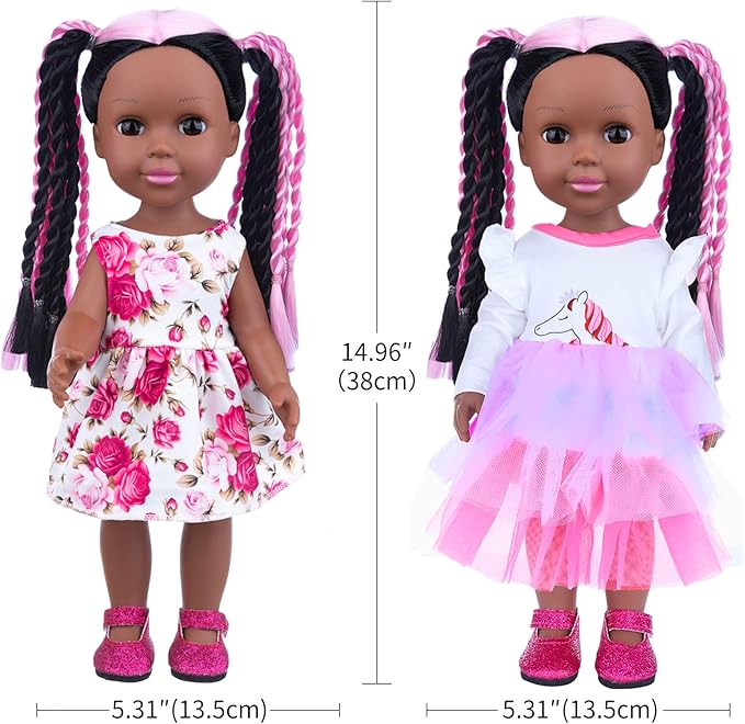 ZNTWEI 14.5 Inch Black Baby Doll and Clothes Accessories Set Handmade Braid Hair African American Baby Doll Gifts for Kids Aged 2 3 4 5 6 7 Years Girls