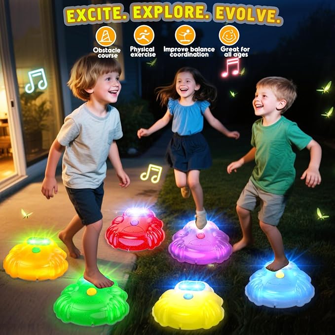Light up & Sound Stepping Stones for Kids, 6PCS Crab Balance River Stones, Obstacle Course Indoor & Outdoor, Toddlers Sensory Toy, Play Equipment Improve Coordination, Gifts for Boys Girls 3+