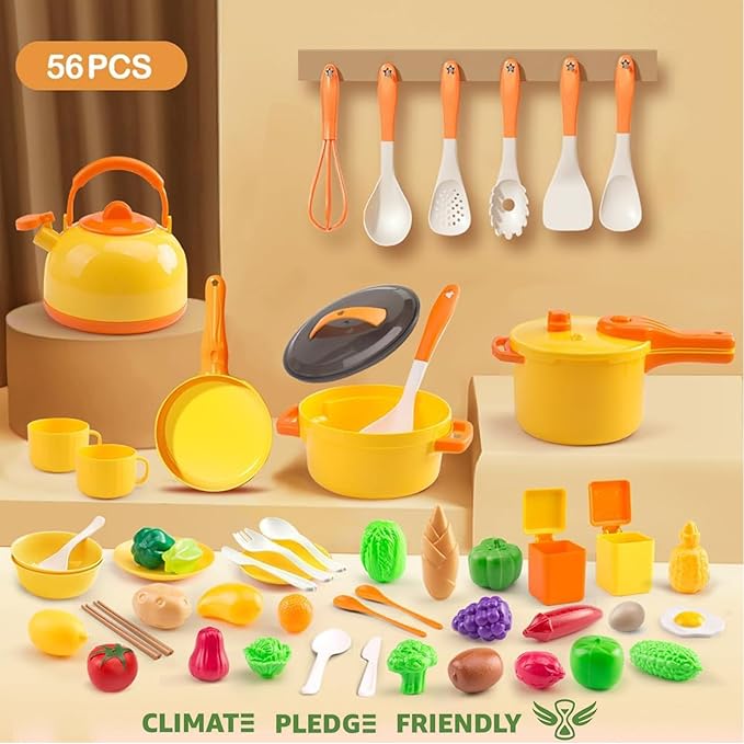 56Pcs Mini Play Kitchen Accessories for Kids, Pretend Cooking Playset with Cookware, Tableware & 2 Fruit Sets, Learning Gift for Girls, Boys, Toddlers, Yellow
