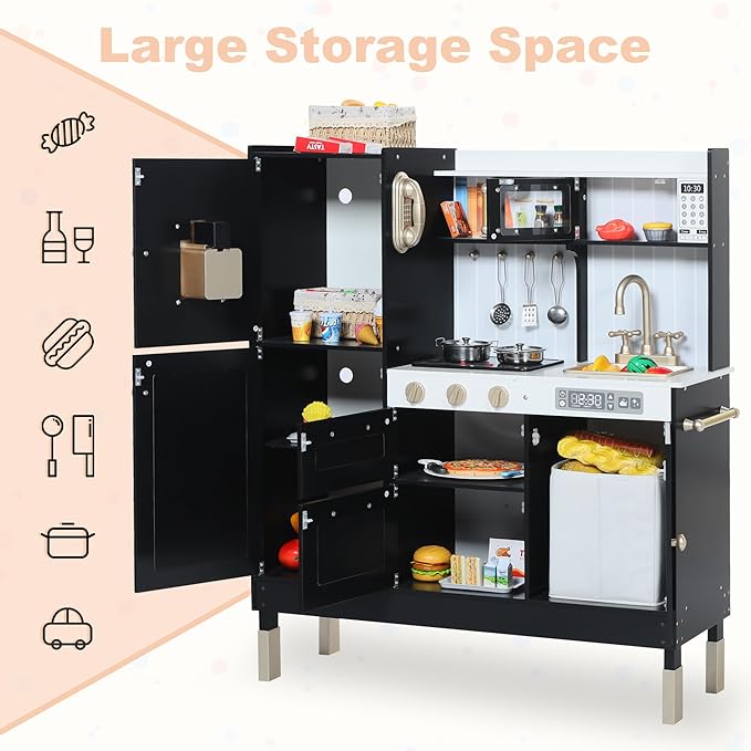 Play Kitchen for Kids, Wooden Kids Kitchen Playset with Realistic Sounds, Children Pretend Toy Kitchen Playset w/Stove, Oven & Ice Maker, Little Chef Play Kitchen for Girls and Boys, Black