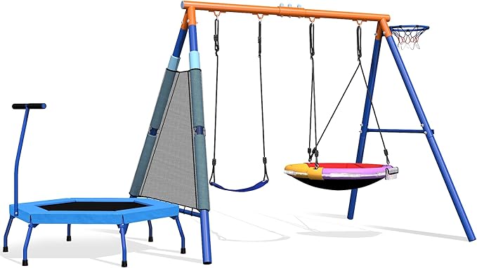 5-in-1 Kids Swing Sets for Backyard with Trampoline, 880lbs Heavy-Duty A-Frame Stand Metal Outdoor with 32 inch Saucer & Belt Swing, 55 inch Trampoline, Basketball Hoop, Led Light & Anchors