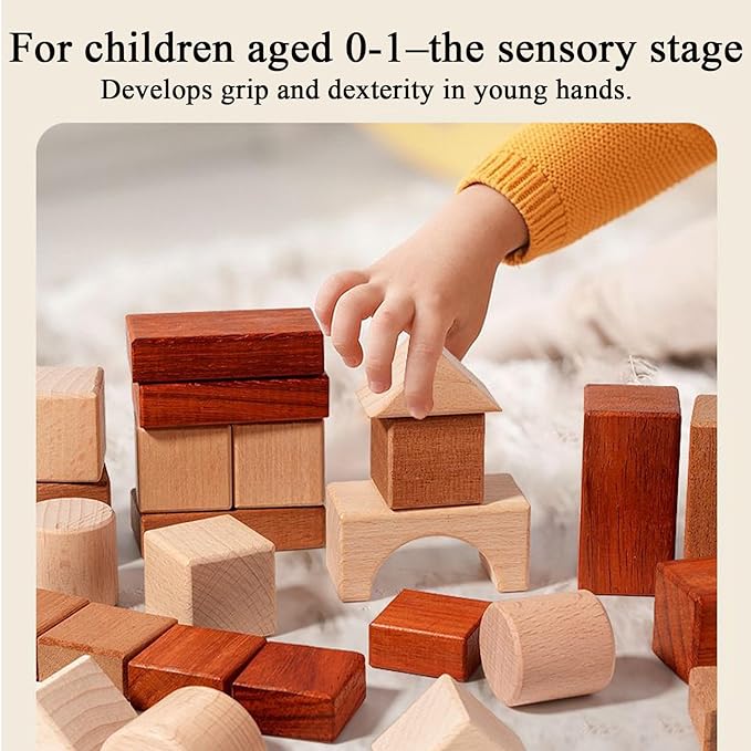 Wooden Building Block Set - Educational Toy | Toddler Learning Stacking Game | Natural Wood Preschool Construction Blocks, Fine Motor Skill Builder, Classroom Gift for Boys Girls