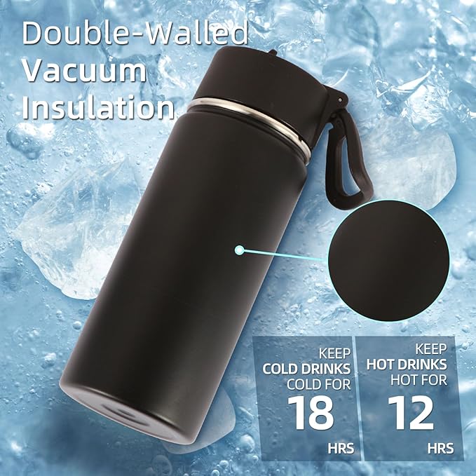 Volhoply 16 OZ Kids Water Bottle Bulk 4 Pack,Insulated Sports Bottles with Straw Lid,Stainless Steel Bottle with Handle Keep Cold & Hot,Double Wall Vacuum Tumbler Cups for School,Girls(Black, 4)