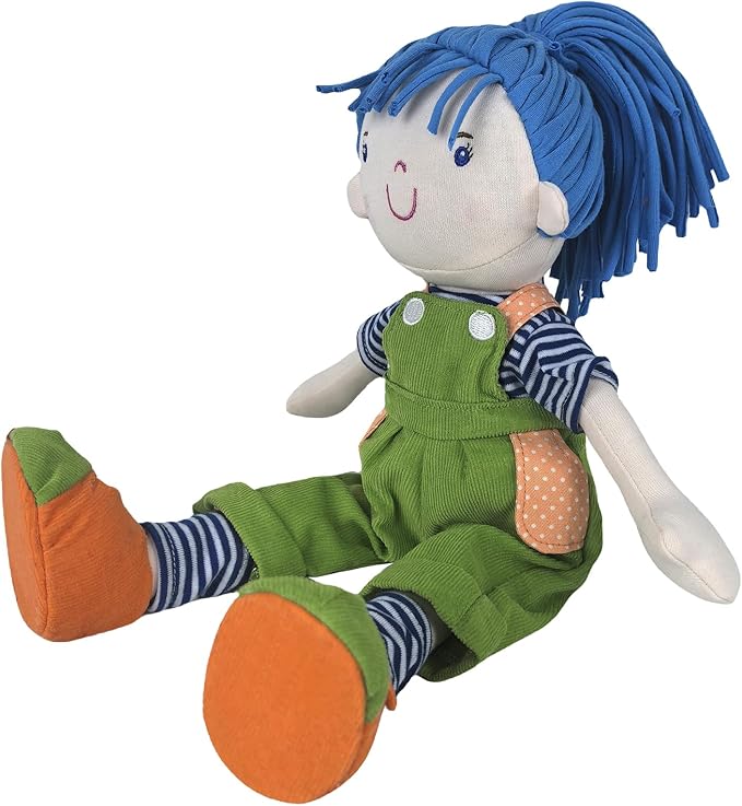 13” Soft Baby Doll, Plush Toy Soft Stuffed Figure for Kids, Plush Toys Adorable Blue - Haired Rag Doll, Green Overalls Design, Soft Cuddly Dolls Companion Perfect Plushie Gift for Kids