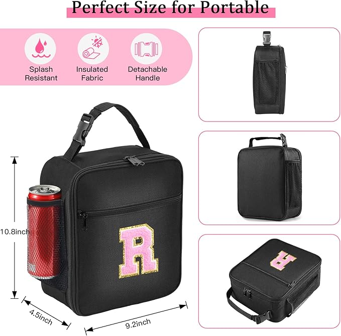 Initial Insulated Lunch Bag, Lunch Box with Initial Letter Patch for Teen Adult, Reusable Lunch Bag for Men Women, Ideal Back to School Gift Birthday Gift, Pink R