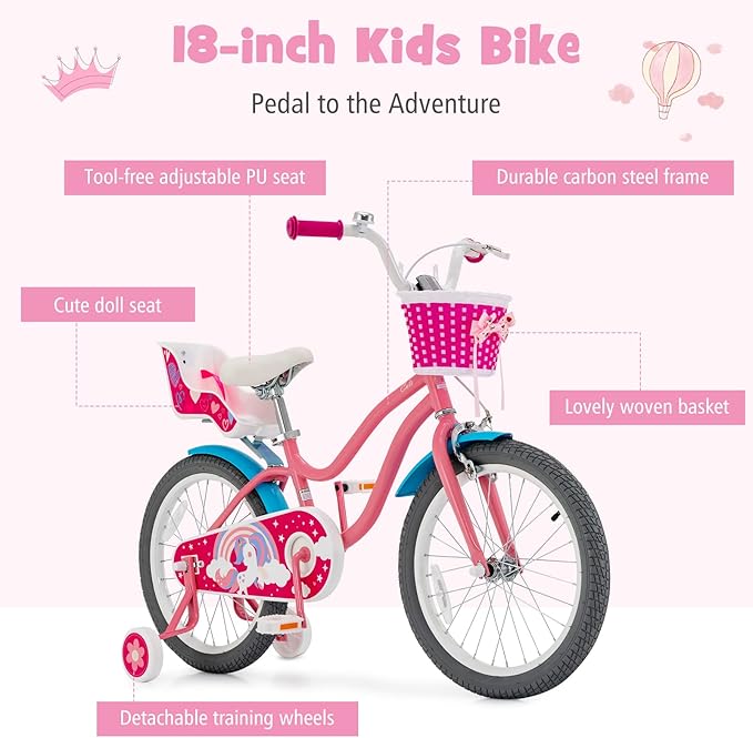 BABY JOY Kids Bike, 12 14 16 18 Inch Children Bicycle w/Detachable Training Wheels, Storage Basket, Adjustable Seat & Handlebar, Bow or Streamer, Girls Bike for 3-8 Years Old
