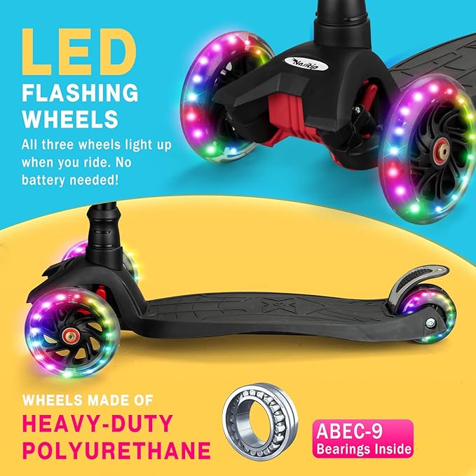 Scooters for Kids Ages 3-5, Kick Scooter for Boys Girls, 4 Adjustable Height, AEBC-9 Bearing, 3 Light Up Wheels, Lean to Steer, Outdoor Activities for Toddlers from 3 to 12 Years Old, Deep-Black