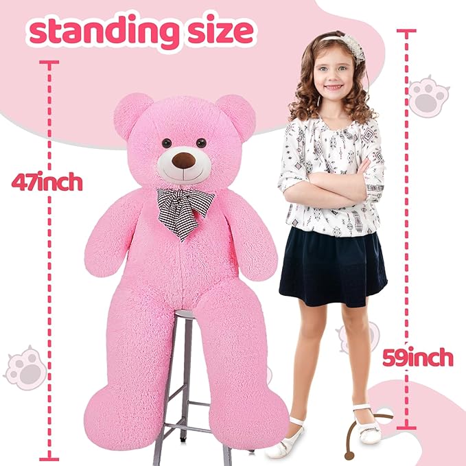 Giant Pink Teddy Bear 55" Stuffed Animals Plush Toy, Cute Life Size Big Soft Bear for Boy Girl Birthday Valentine Mother's Day, 140 CM, 7 LBs