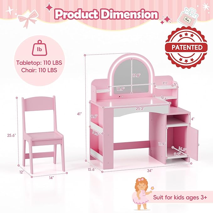 MU Kids Vanity with Lights, Princess Makeup Vanity Desk with Open Bookshelf, Storage Cabinet & Shelves, 2 in 1 Toddler Vanity Table & Chair Set with Lighted Mirror for Little Girls, Pink