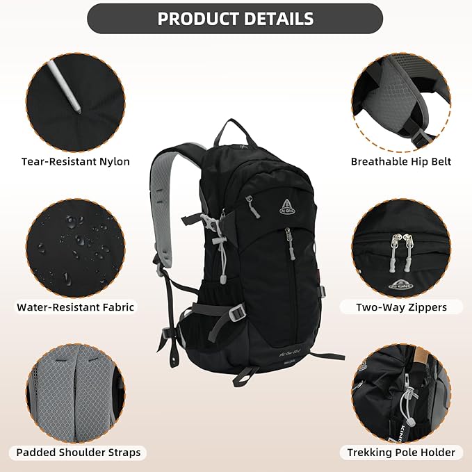 22L Hiking Backpack Lightweight Durable Waterproof Internal Frame Multi-Purpose Daypack for Men & Women, Camping, Hiking, Travel, and Cycling