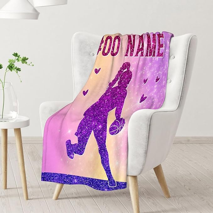 Custom Basketball Blanket Gifts for Girls- 60x80 Inches Sport Throw Blanket for Women Kids Teens- Personalized Pink Soft Fuzzy Blankets for Couch Sofa Bed