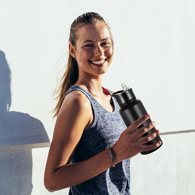 32 oz Insulated Water Bottle with Straw Lid & Wide Mouth Lids, Stainless Steel Sports Water Bottles, Double Walled Vacuum, Leak Proof, Black